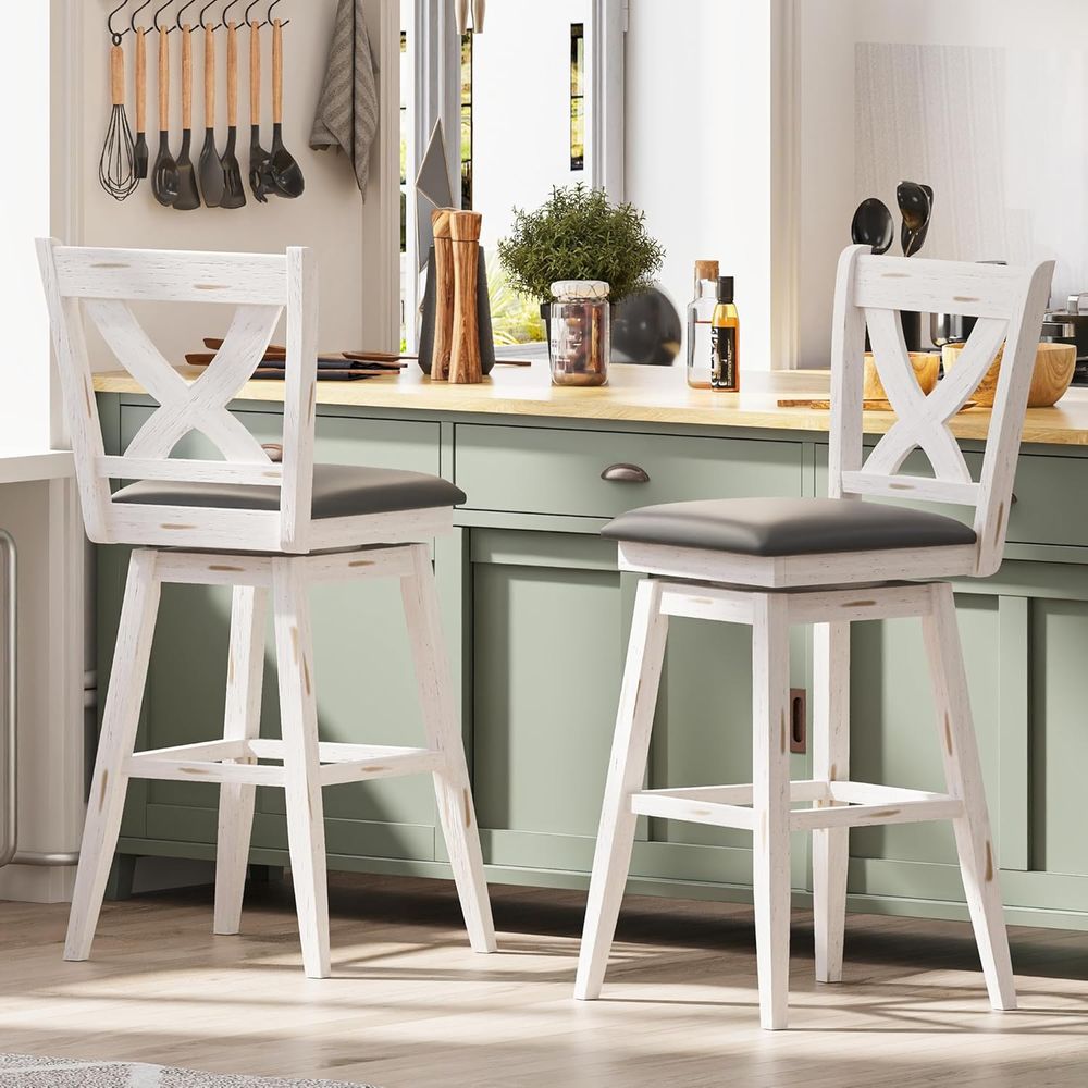 Commercial Kitchen Island - 回転式バースツール2脚セット、背もたれ付き29インチバーチェア、布張りシートバースツール、無垢材脚付き＆ootr