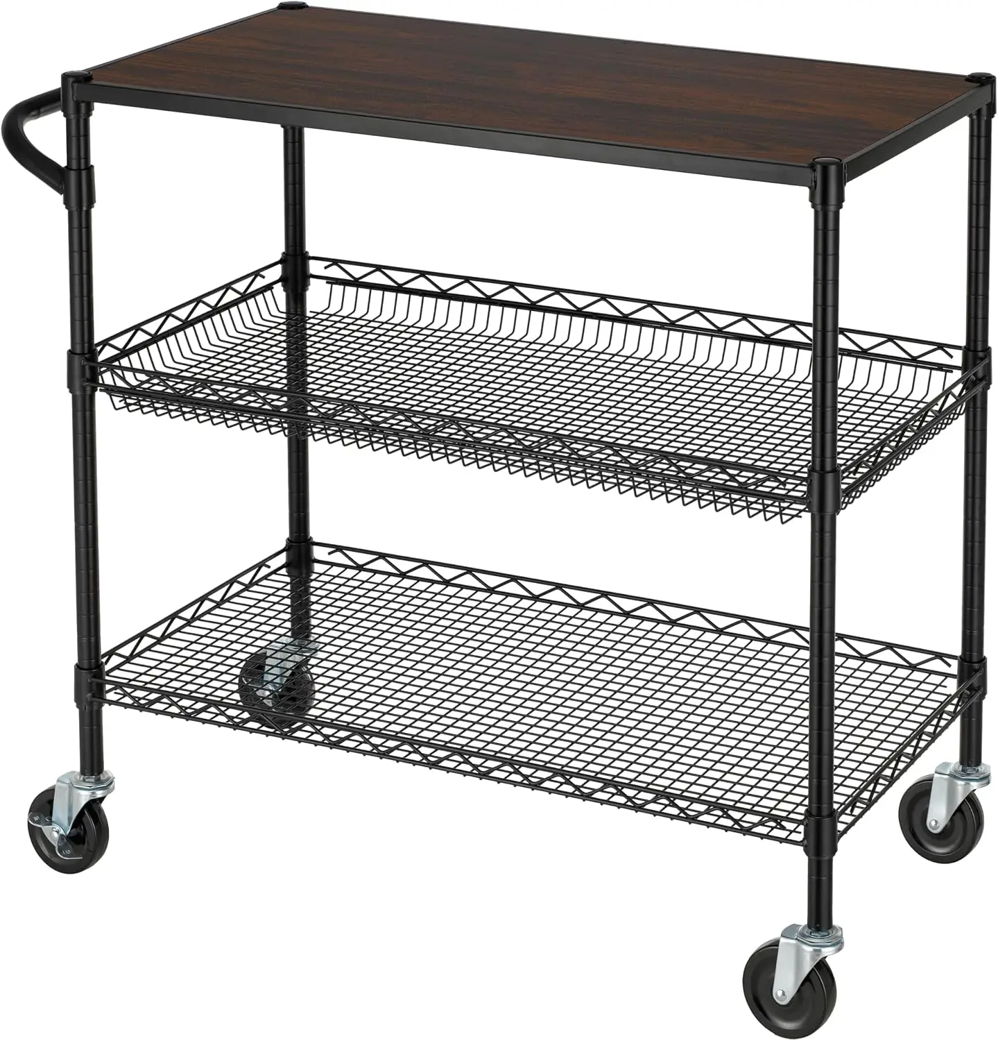Commercial Kitchen On Wheels - 3段式ヘビーデューティー業務用ユーティリティカート（木製トップ付き）、ホイールとハンドルバー付きワイヤーローリングカート、キッチンカート