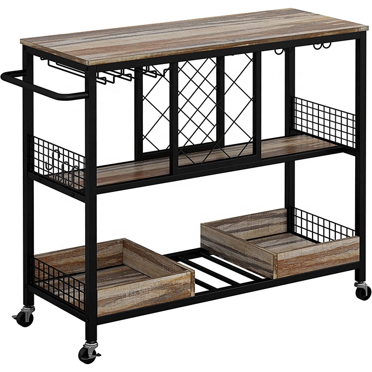 Commercial Kitchen On Wheels - ワインラックテーブル、工業用バーカート（車輪付き）、キッチン収納カート（家庭用）、木製と金属フレーム