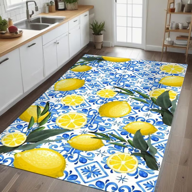 Commercial Kitchen Tile Flooring - 明るい夏の地中海レモンタイルカーペット、柑橘と葉のデザイン、滑り止めラグ、海岸スタイルの装飾フロアマット（キッチン用）