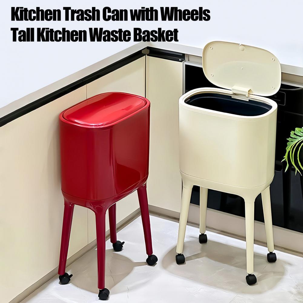Commercial Kitchen On Wheels - キッチン用プレス式蓋付きゴミ箱（車輪付き、16リットル）、高脚付き、プレス式蓋、部屋用ゴミ箱