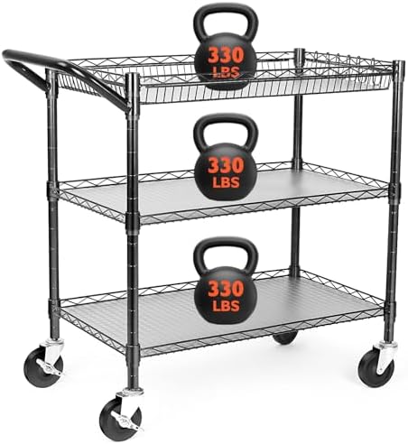 Commercial Kitchen On Wheels - 頑丈なユーティリティカート、耐荷重990ポンド、3段式ローリングカート（車輪付き）、収納付きキッチンカート（車輪付き）、業務用