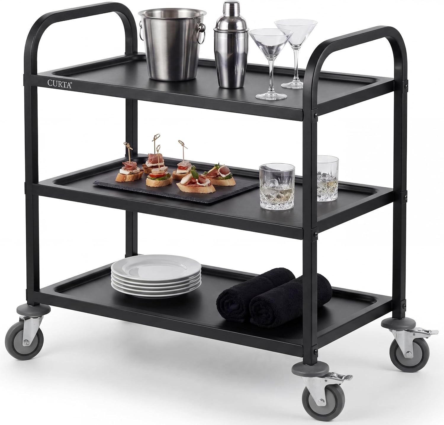 Commercial Kitchen On Wheels - 黒色ステンレス製サービングカート3段ローリングユーティリティトロリー、ブレーキ付きヘビーデューティーキッチンカート、業務用グレードの棚ラックオーガナイザーユニット、レストラン、ホテル、サロン、ラボ、キッチン、ダイニングルーム用、黒色