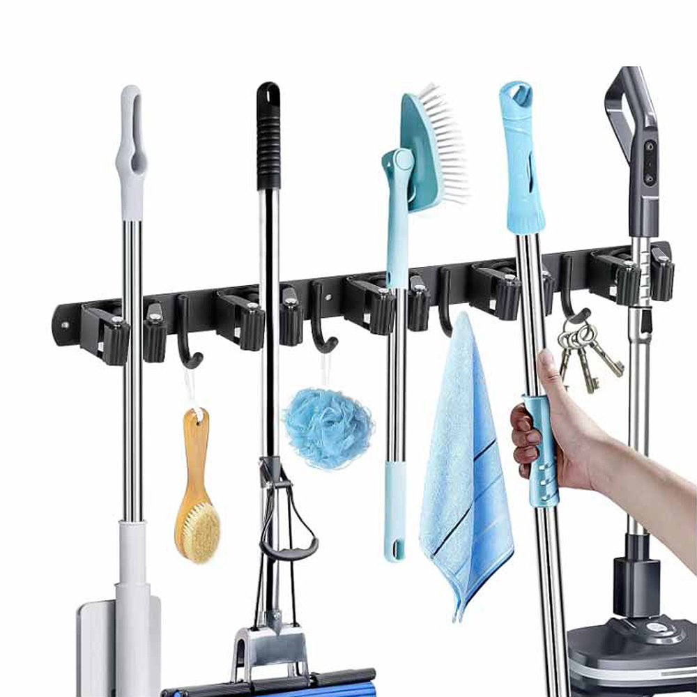 Commercial Kitchen Door - ステンレス製モップ＆ほうきホルダー壁掛け多機能収納ラック、浴室、キッチン、ガレージ、庭用ツールオーガナイザー