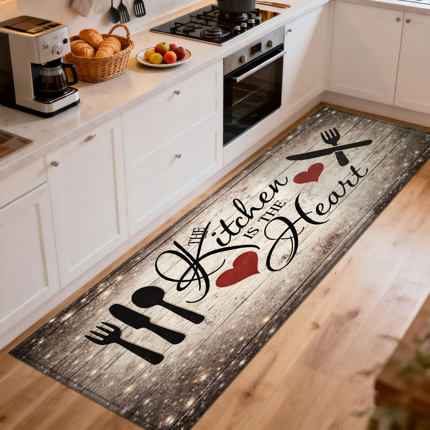 Commercial Kitchen Quotes - 素朴な木製キッチン用ランナーラグ、調理器具とハート柄の装飾フロアマット、キッチン調理エリアと室内スペース用