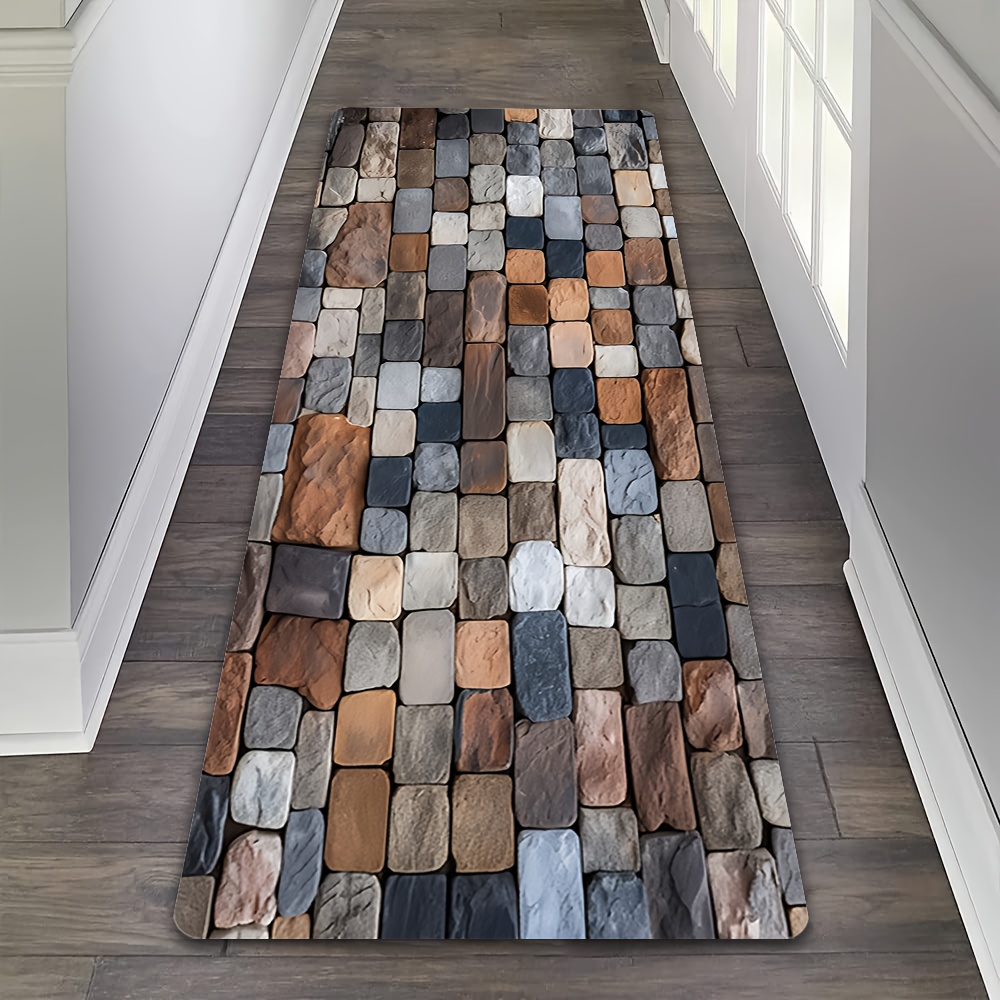 Commercial Kitchen Tile Flooring - ミックスカラーの石畳柄廊下ランナーラグ、素朴な石タイル柄、滑り止め加工、キッチンやリビングルーム用のロングフロアマット