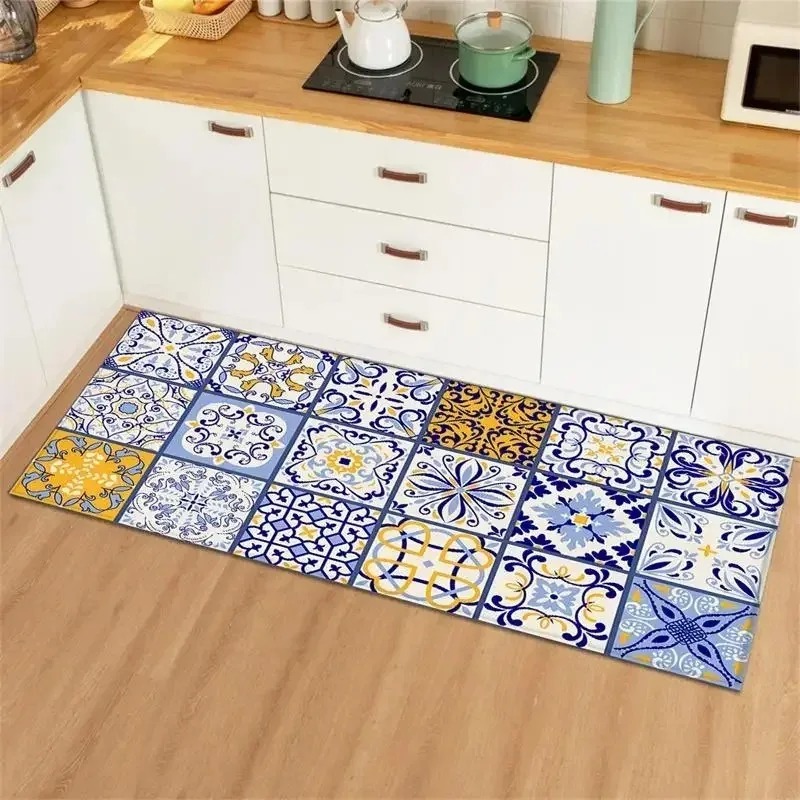 Commercial Kitchen Tile Flooring - ブルーイエローヴィンテージタイルコラージュキッチンロングランナーラグ地中海スタイルキッチン滑り止め簡単掃除ソフトフロアマット
