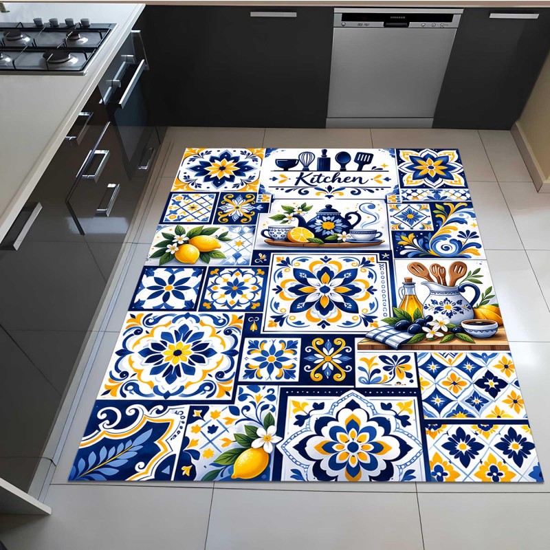Commercial Kitchen Tile Flooring - 地中海モザイクタイルキッチンラグレモンティーポット花柄アートカーペットダイニングルーム用高級玄関ウェルカムドアマットフロアマット