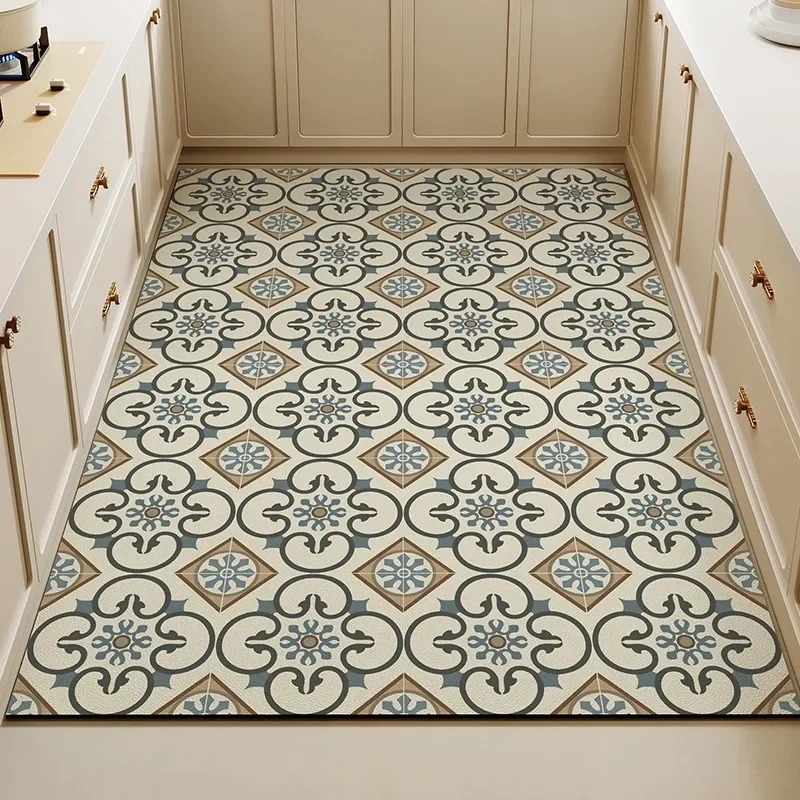 Commercial Kitchen Tile Flooring - ヴィンテージ花柄タイルプリントキッチンフロアマット、滑り止め装飾ランナーラグ、廊下玄関用、家庭用洗えるカーペット