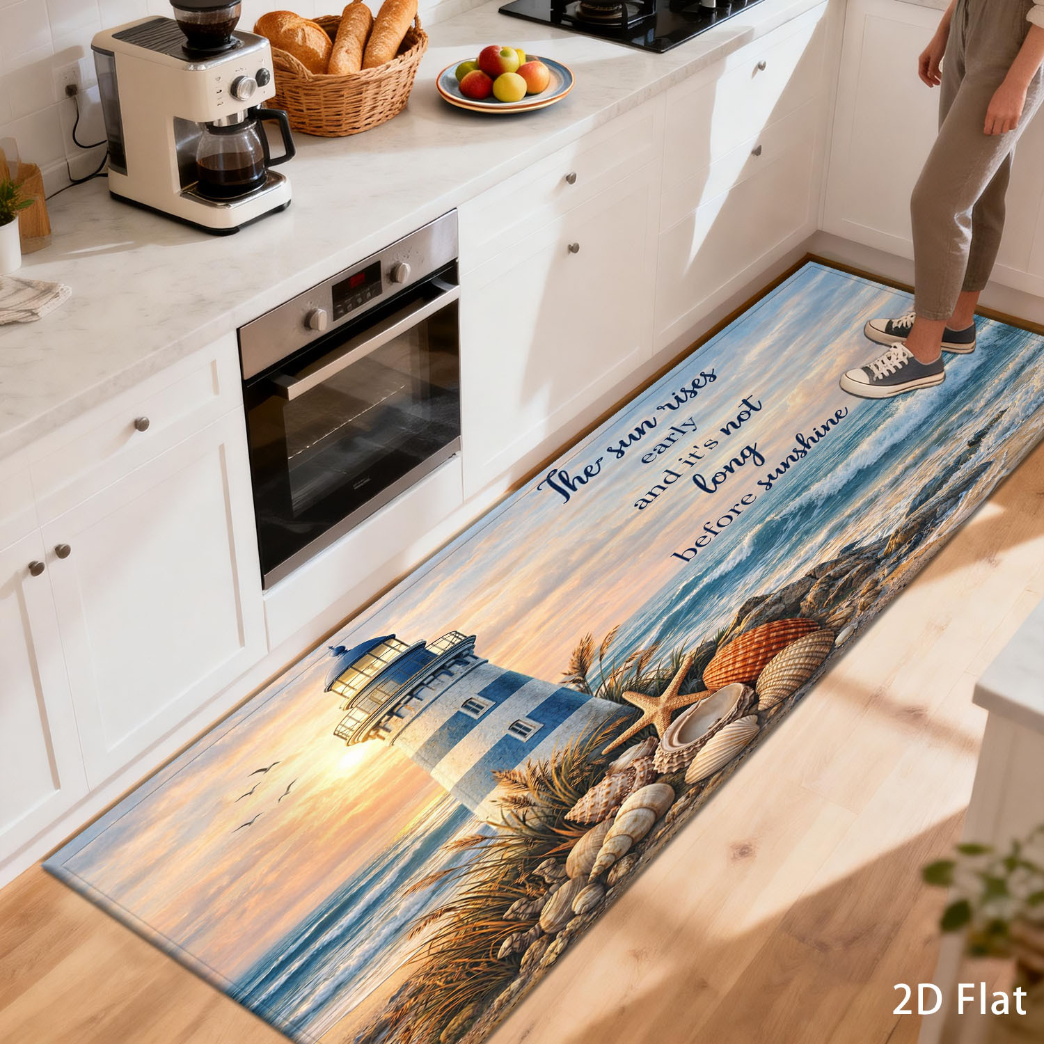Commercial Kitchen Quotes - 海岸灯台海景ランナーラグ オーシャンシェルズ インスピレーションを与える引用句装飾フロアマット キッチンや屋内ホームスペース用