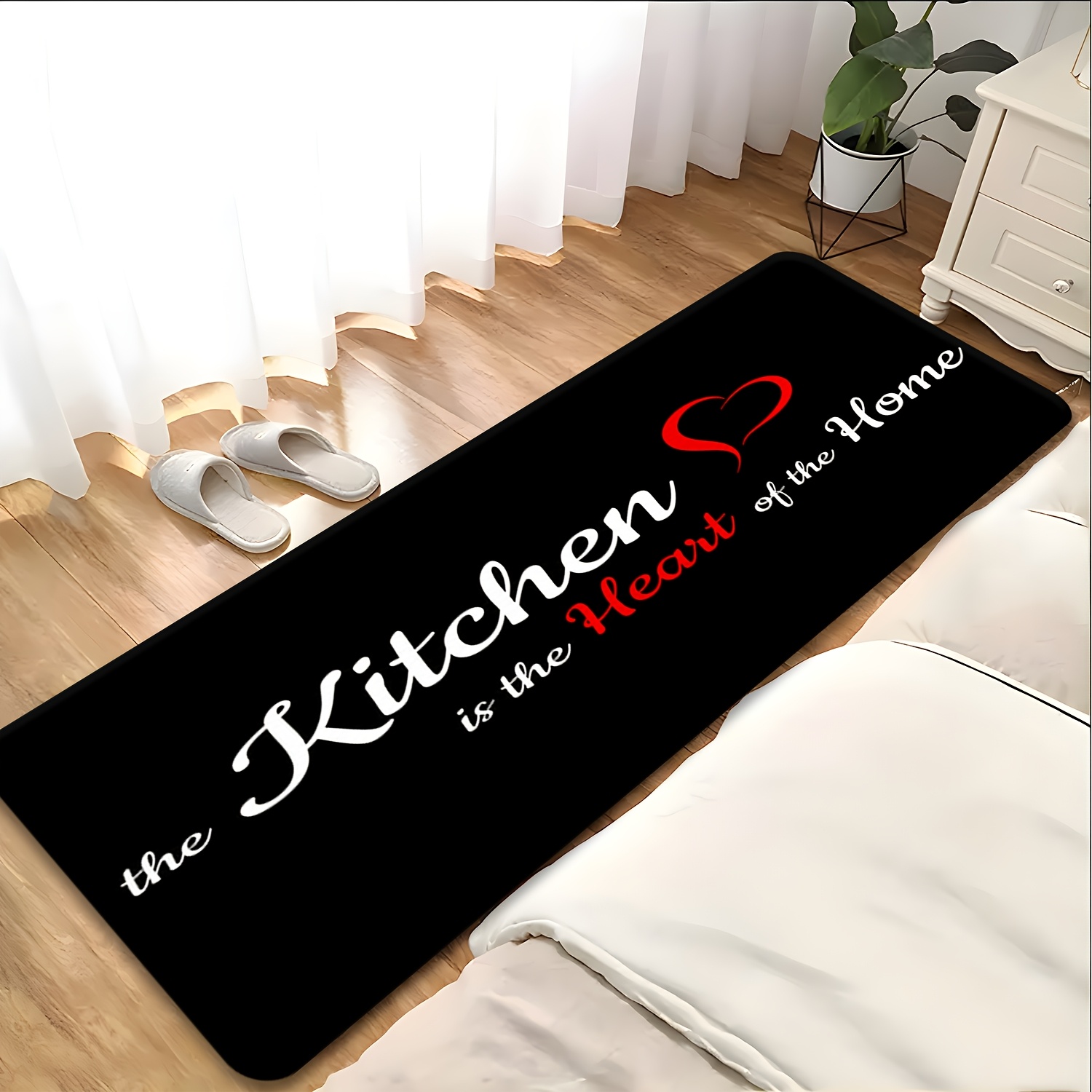 Commercial Kitchen Quotes - キッチンは家の心臓であるという言葉が書かれたキッチンランナーラグ、黒のベースに赤いハート柄、滑り止め付きのロングフロアマット、家の装飾に。