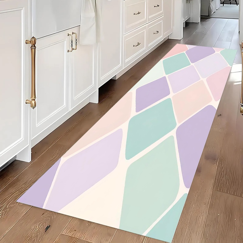 Commercial Kitchen Tile Flooring - 幾何学模様タイルランナーラグ滑り止めロングフロアマット抽象カラーブロックプリントキッチン廊下装飾カーペット