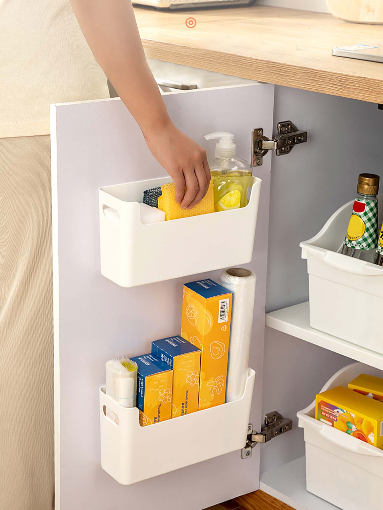 Commercial Kitchen Utensil Organizer - パンチフリーキャビネットドアオーガナイザープラスチック壁掛け収納ボックススポンジホルダーキッチン収納整理用ラップフィルムホルダー