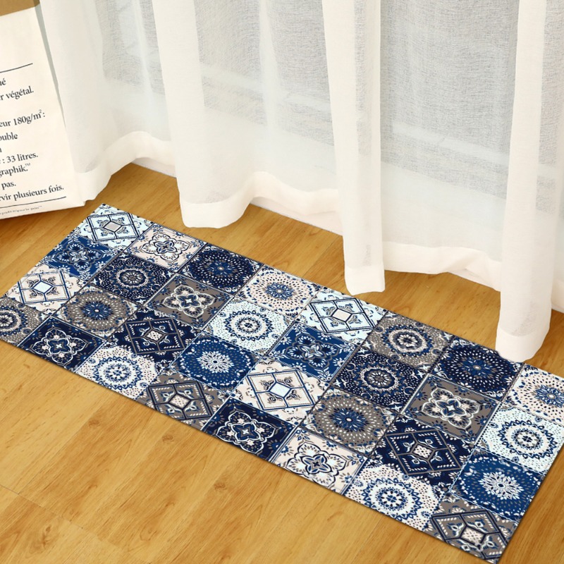 Commercial Kitchen Tile Flooring - ロングラグ ブルーグレー レトロタイルコラージュパターン 滑り止めフロアマット ソフト耐摩耗性 キッチン廊下の装飾に最適