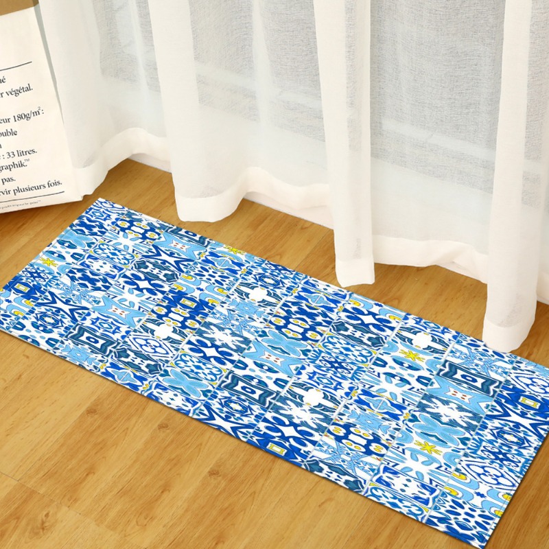 Commercial Kitchen Tile Flooring - ロングラグ 地中海ブルーホワイトタイルパターン 滑り止めフロアマット ソフト耐摩耗性 キッチン/廊下の装飾に最適