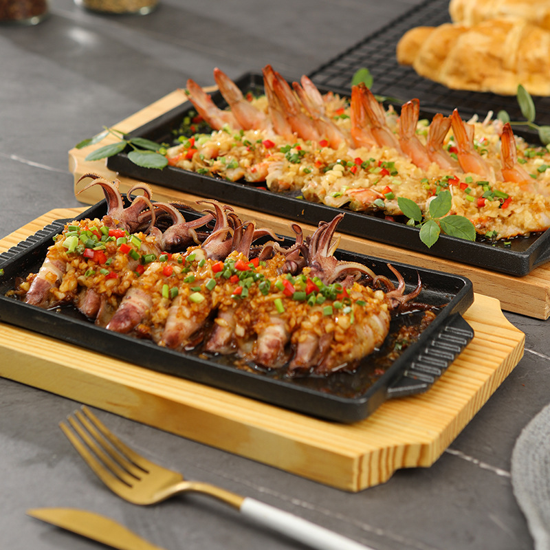 鋳鉄製鉄板焼きグリルプレート 長方形 木製ベース ステーキ  - Commercial Kitchen Grill のレビューと価格