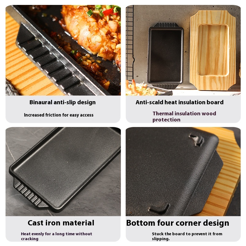 鋳鉄製鉄板焼きグリルプレート 長方形 木製ベース ステーキ  - Commercial Kitchen Grill のレビューと価格