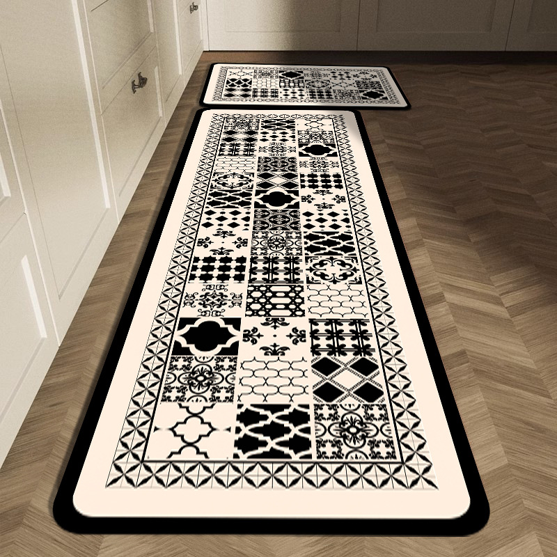 黒白の幾何学模様のタイルキッチンマットセットボヘミアンパッチ - Commercial Kitchen Tile Flooring のレビューと価格