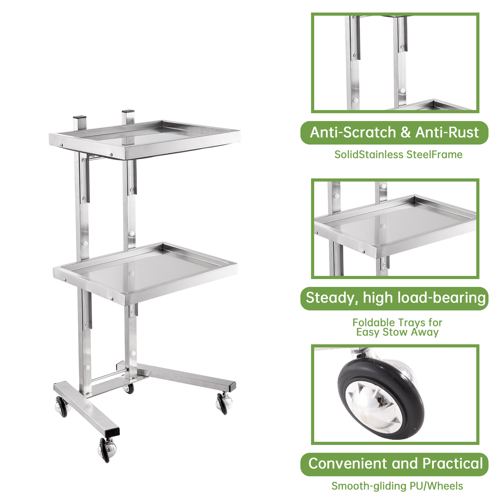 シルバーサロンローリングカート、2段ローリングトレイトロリー - Commercial Kitchen On Wheels のレビューと価格
