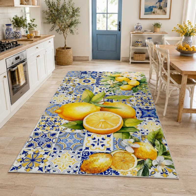 明るい夏の地中海レモンタイルカーペット、柑橘と葉のデザイン、 - Commercial Kitchen Tile Flooring のレビューと価格