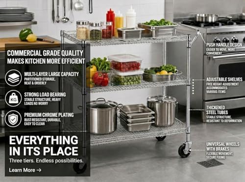 頑丈な3段式ローリングユーティリティキッチンカート（車輪付き - Commercial Kitchen On Wheels のレビューと価格