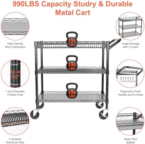 頑丈なユーティリティカート、耐荷重990ポンド、3段式ローリ - Commercial Kitchen On Wheels のレビューと価格