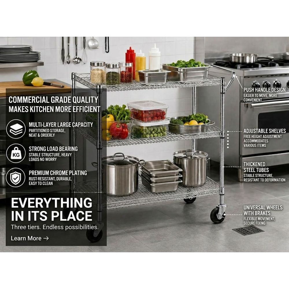 頑丈な3段式ローリングユーティリティキッチンカート（車輪付き - Commercial Kitchen On Wheels のレビューと価格